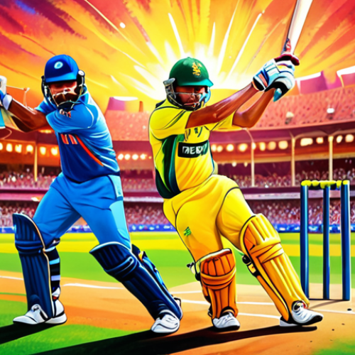 Home 15 **A vibrant, colorful painting depicting the energy and excitement of a cricket match. Use bold brushstrokes and a dynamic composition to capture the passion of the sport.**