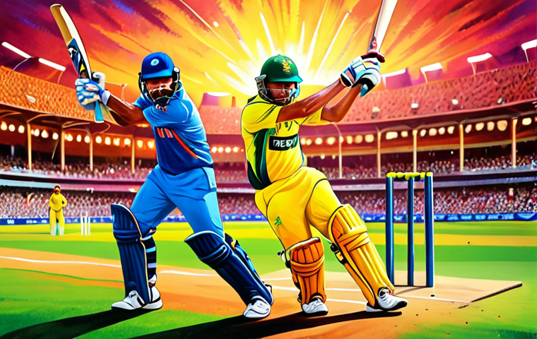 **A vibrant, colorful painting depicting the energy and excitement of a cricket match. Use bold brushstrokes and a dynamic composition to capture the passion of the sport.**
