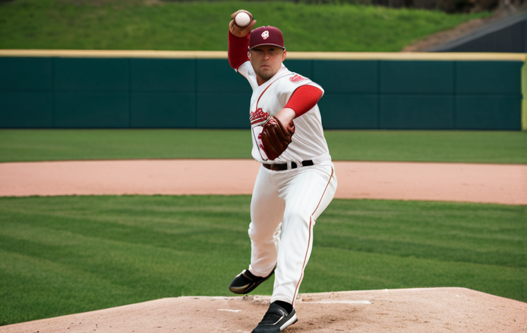 **A baseball pitcher in mid-motion, perfectly balanced between speed and control, showcasing a powerful yet controlled throw.** (Focus: Balance of power & control in pitching)