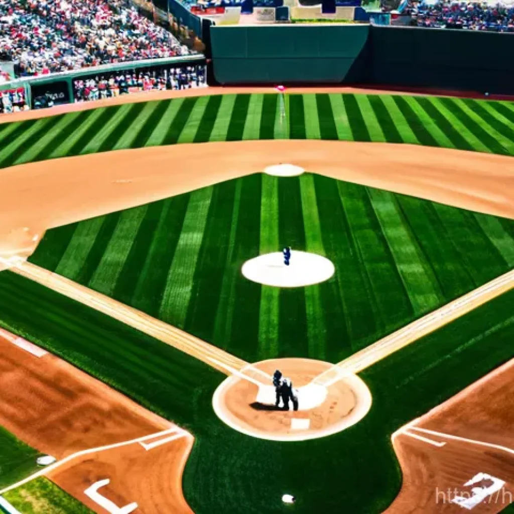 야구 초보자가 알아야 할 용어 - A vibrant, wide-angle aerial view of a meticulously maintained baseball diamond on a clear, sunny da...
