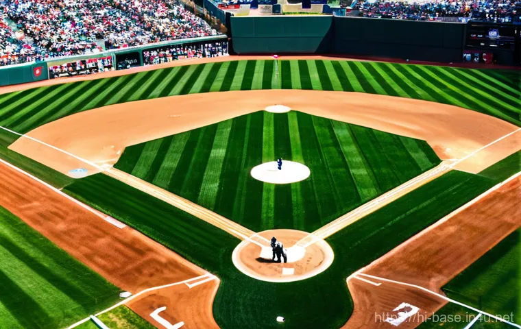 야구 초보자가 알아야 할 용어 - A vibrant, wide-angle aerial view of a meticulously maintained baseball diamond on a clear, sunny da...