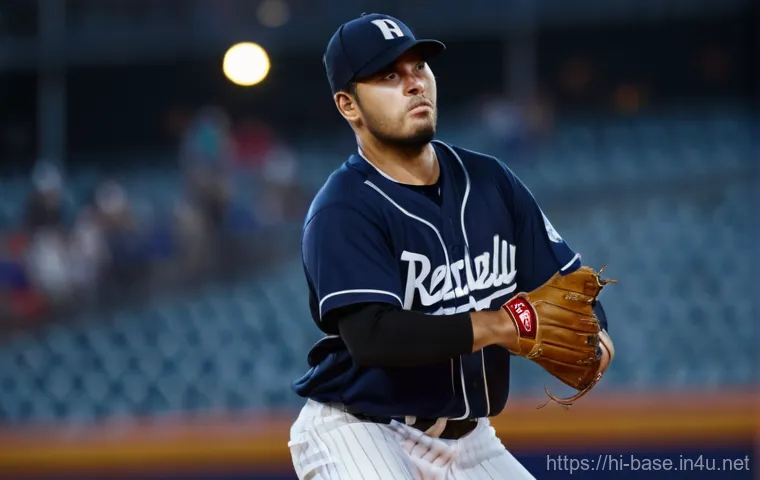 야구와 심리학 - **Prompt:** A male baseball pitcher in a full, clean, traditional baseball uniform, mid-pitch on the...