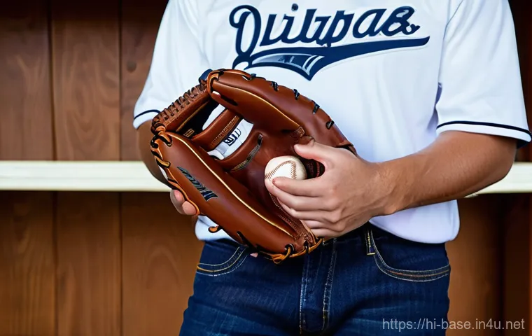 야구 상품 리뷰 작성법 - **Prompt 1: Initial Baseball Glove Examination**
"A close-up shot of a young adult, gender-neutr...