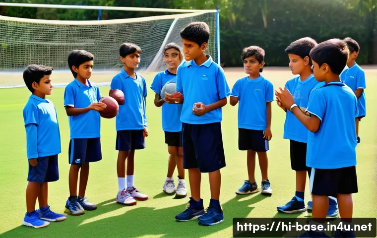 야구 코칭 팁  청소년 대상 - A group of young Indian boys and girls practicing basic sports skills on a sunny outdoor field, wear...