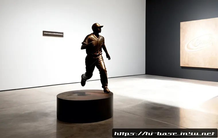Home 17 야구와 관련된 예술 작품 - Photorealistic fine art gallery interior featuring a dramatic bronze sculpture of a baseball pitcher...